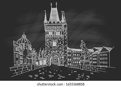 Vector sketch of Old Town Bridge Tower of Charles Bridge in Prague, Czech Republic.