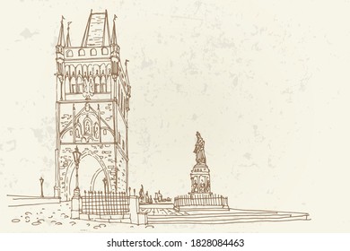 Vector sketch of Old Town Bridge Tower of Charles Bridge in Prague, Czech Republic.