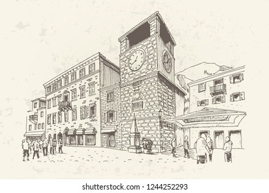 vector sketch of the old town Kotor, Montenegro