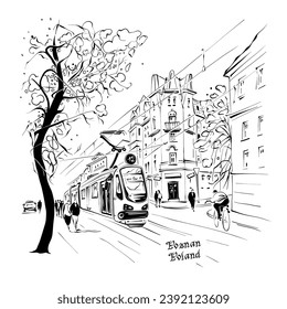 Vector sketch of Old town of Poznan in autumn, Poland. Black and white