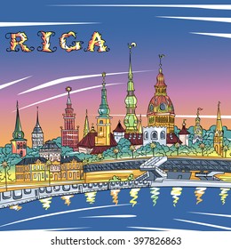 Vector sketch of Old Town and River Daugava at night, Riga Cathedral, Saint Peter church, Cathedral Basilica of Saint James and Riga castle in the background, Riga, Latvia