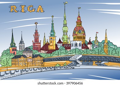 Vector sketch of Old Town and River Daugava, Riga Cathedral, Saint Peter church, Cathedral Basilica of Saint James and Riga castle in the background, Riga, Latvia
