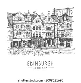 Vector sketch. Old town street in Scotland, Edinburgh. Historical building line art. Freehand drawing. Urban sketch of Edinburgh in black color isolated on white background. Hand drawn travel postcard