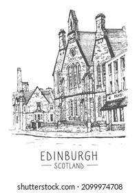 Vector sketch. Old town street in Scotland, Edinburgh. Historical building line art. Freehand drawing. Urban sketch of Edinburgh in black color isolated on white background. Hand drawn travel postcard