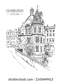 Vektorgrafik. Old town Street in Schottland, Edinburgh. Historische Baulinie Kunst. Freehand Zeichnung. Stadtskizze von Edinburgh in schwarzer Farbe einzeln auf weißem Hintergrund. Handgezeichnete Reisepostkarte