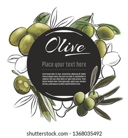 Vector sketch Olive banner on white background. With place for text. Hand drawn sketch fruit graphic design	
