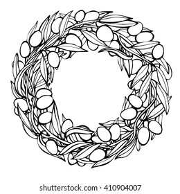 Vector sketch olive branch with olives. Vector round wreath with branches of olives, floral frame, hand drawn vector illustration 