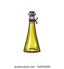 vector sketch olive oil logo icon brand concept with glass yellow bottle. Isolated illustration on a white background Fresh natural food, agriculture and healthy eating concept
