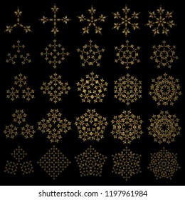 Vector sketch on a black background for Christmas. Decorative golden snowflakes set with 25 objects. Vector illustration.