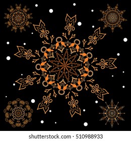 Vector sketch on black background for Christmas. Decorative brown snowflakes set. Vector illustration.