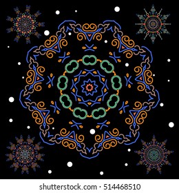 Vector sketch on black background for Christmas. Decorative orange and violet snowflakes set. Vector illustration.