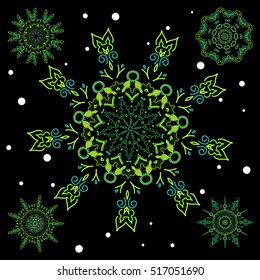 Vector sketch on black background for Christmas. Decorative green snowflakes set. Vector illustration.