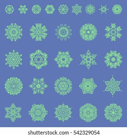 Vector sketch on a blue background for Christmas. Vector illustration. Decorative snowflakes set. 29 flat snowflake icons collection.