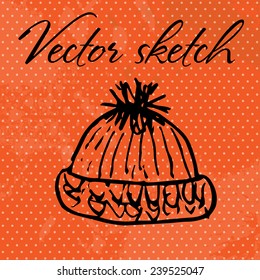 Vector sketch on dot background. Knitting hat