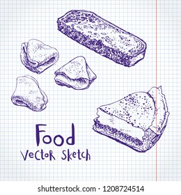 Vector sketch on notebook sheet. Pastries, cakes, pies and cookies