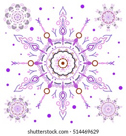 Vector sketch on white background for Christmas. Decorative violet snowflakes set. Vector illustration.