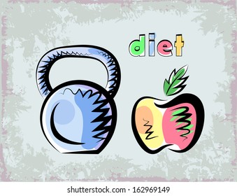 Vector sketch of one steel weight and apple.