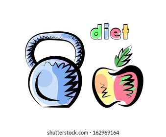 Vector sketch of one steel weight and apple on the white background.