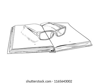 Vector sketch of open book and glasses. Hand drawn illustration.