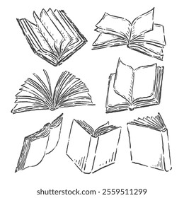 vector sketch of an open book scattered in several styles and positions with a unique and vintage design