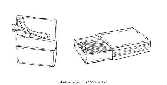 Vector Sketch Open Matchbox with Matches. 100% hand drawn vector image.