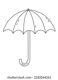 Vector Sketch Open Umbrella. Cute Umbrella Сane with handle. Hand draw illustration in cartoon doodle style. Black lines isolated on a white  background. Contour drawing. 