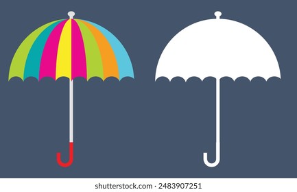 Vector Sketch Open Umbrella. Cute Umbrella Сane with handle. Hand draw illustration in cartoon doodle style. Black and white Umbrella isolated on blue background.  EPS 10