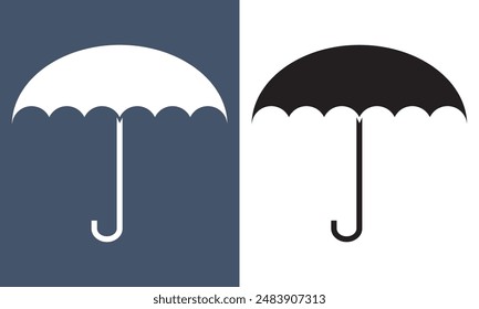 Vector Sketch Open Umbrella. Cute Umbrella Сane with handle. Hand draw illustration in cartoon doodle style. Black and white Umbrella isolated on a white and blue background.  EPS 10