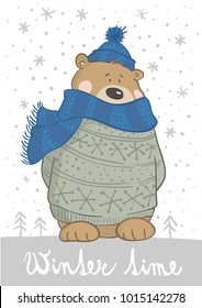 Vector sketch original illustration of cute winter bear in a knitted cap and sweater.