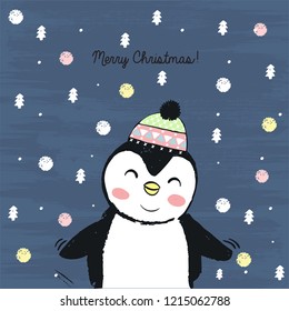 Vector sketch original illustration of cute winter penguin in a knitted cap. Lovely Christmas or New Year card. North Pole. Good night. More cute animals cards in my portfolio