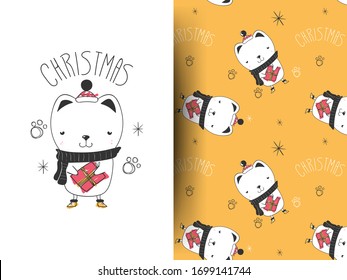 Vector sketch original illustration of cute winter white cat in a knitted cap and sweater. Lovely Christmas or New Year card. North Pole. More cute animals cards in my portfolio
