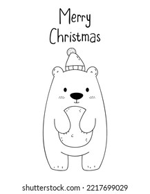 Vector sketch original illustration of cute winter white bear in a knitted cap. Lovely Christmas or New Year card. Red Santa Claus hat.
Doodle cartoon style.