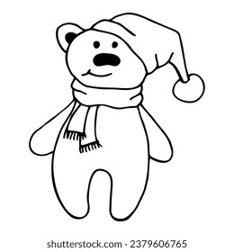 Vector sketch original illustration of cute winter white bear in a knitted cap and sweater. Lovely Christmas or New Year card. North Pole. More cute animals cards in my portfolio