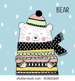 Vector sketch original illustration of cute winter white bear in a knitted cap and sweater. Lovely Christmas or New Year card. North Pole. More cute animals cards in my portfolio