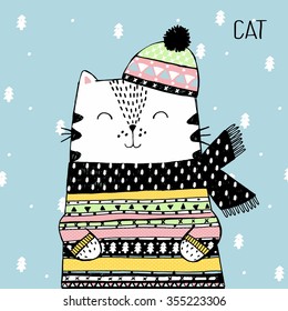 Vector sketch original illustration of cute winter white cat in a knitted cap and sweater. Lovely Christmas or New Year card. North Pole. More cute animals cards in my portfolio