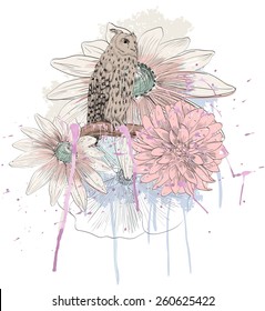 Vector sketch of a owl with flowers. Hand drawn illustration