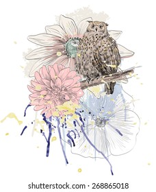Vector sketch of a owl with flowers. Hand drawn illustration