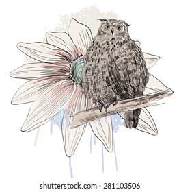 Vector sketch of a owl with flowers. Hand drawn illustration