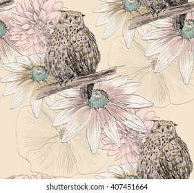 Vector sketch of a owl with flowers. Seamless pattern.
