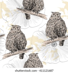 Vector sketch of a owl with flowers. Seamless pattern.