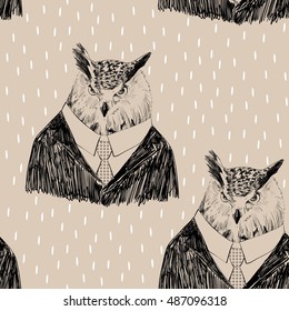 Vector sketch of owl in a suit. Seamless pattern