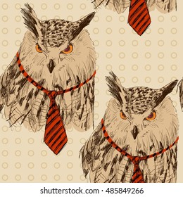 Vector sketch of owl in tie. Seamless pattern