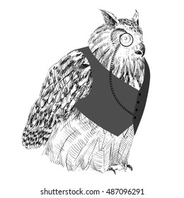 Vector sketch of owl in a vest. Hand drawn illustration
