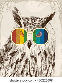Vector sketch of owls with glasses. Retro illustration