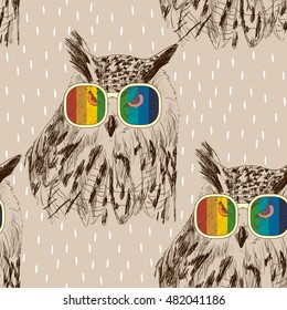 Vector sketch of owls with glasses. Retro illustration
