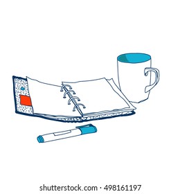 Vector sketch, pad and cup. Notepad for creativity, blue cup and a marker.