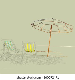 Vector sketch - pair of beach loungers on the deserted coast. 