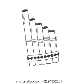 Flauta de la sartén vectorial. Tubo de bambú. Instrumento musical folclórico de viento de madera. Imagen de doodle aislada en un fondo blanco.