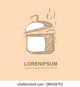 Vector sketch. Pan with hot food and steam