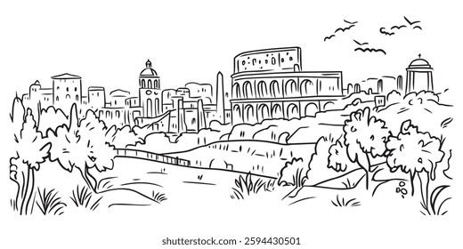 vector sketch panoramic view of rome with colosseum and historic buildings, hand drawn cityscape illustration